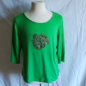 Quaker Factory green 3/4 sleeve top with ladybug size L